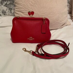 Coach red kiss lock strawberry clutch / crossbody